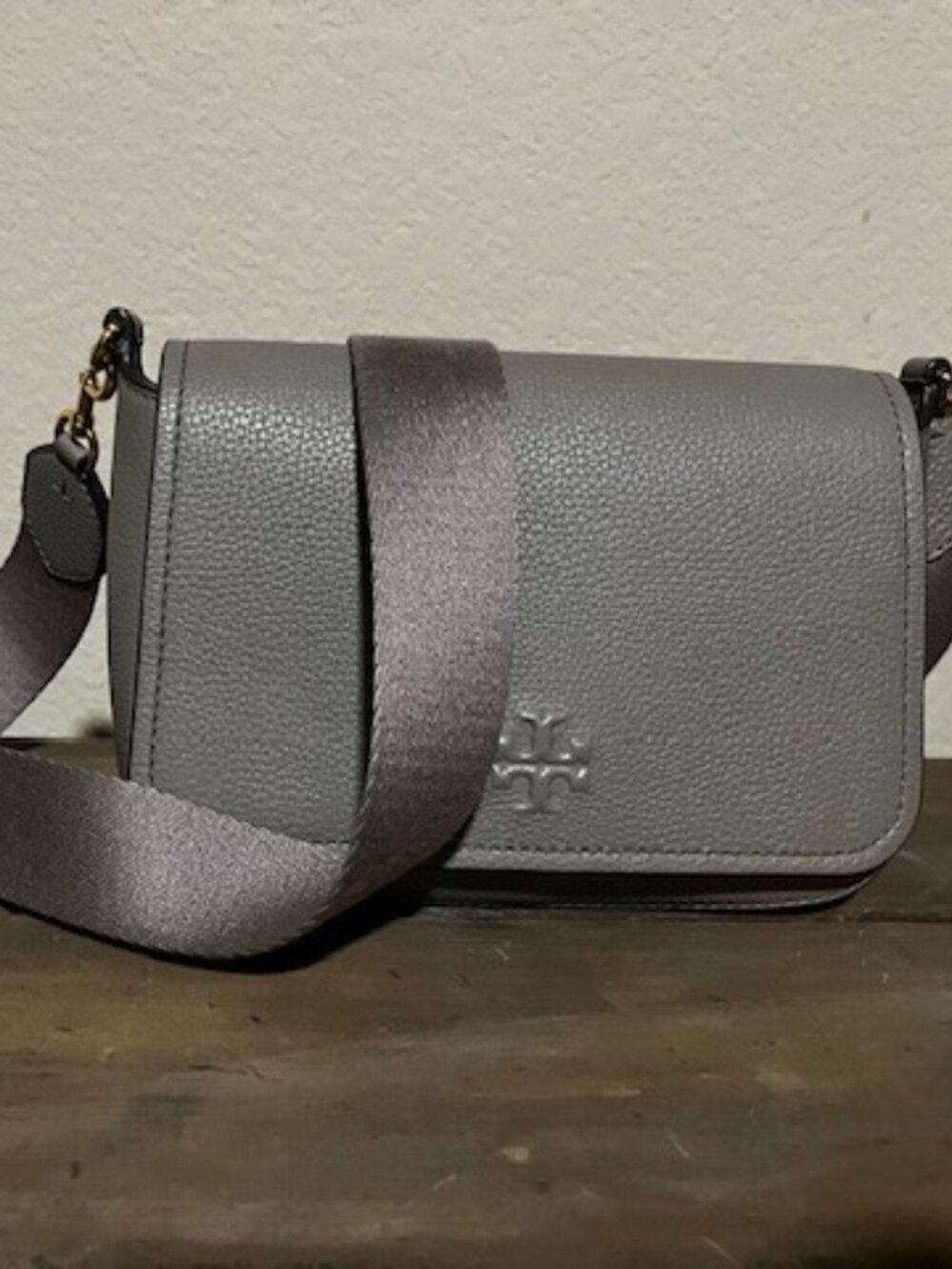 New Tory Burch Thea web flap crossbody in gray